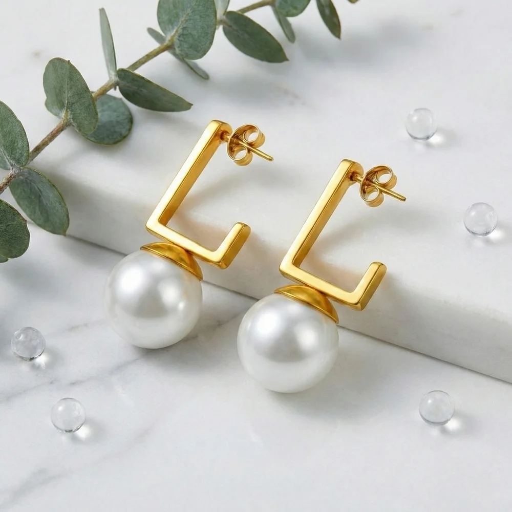 18K Gold Plated Steel Pearl Drop Earrings Geometric Rectangle C-Hoop Modern Stud